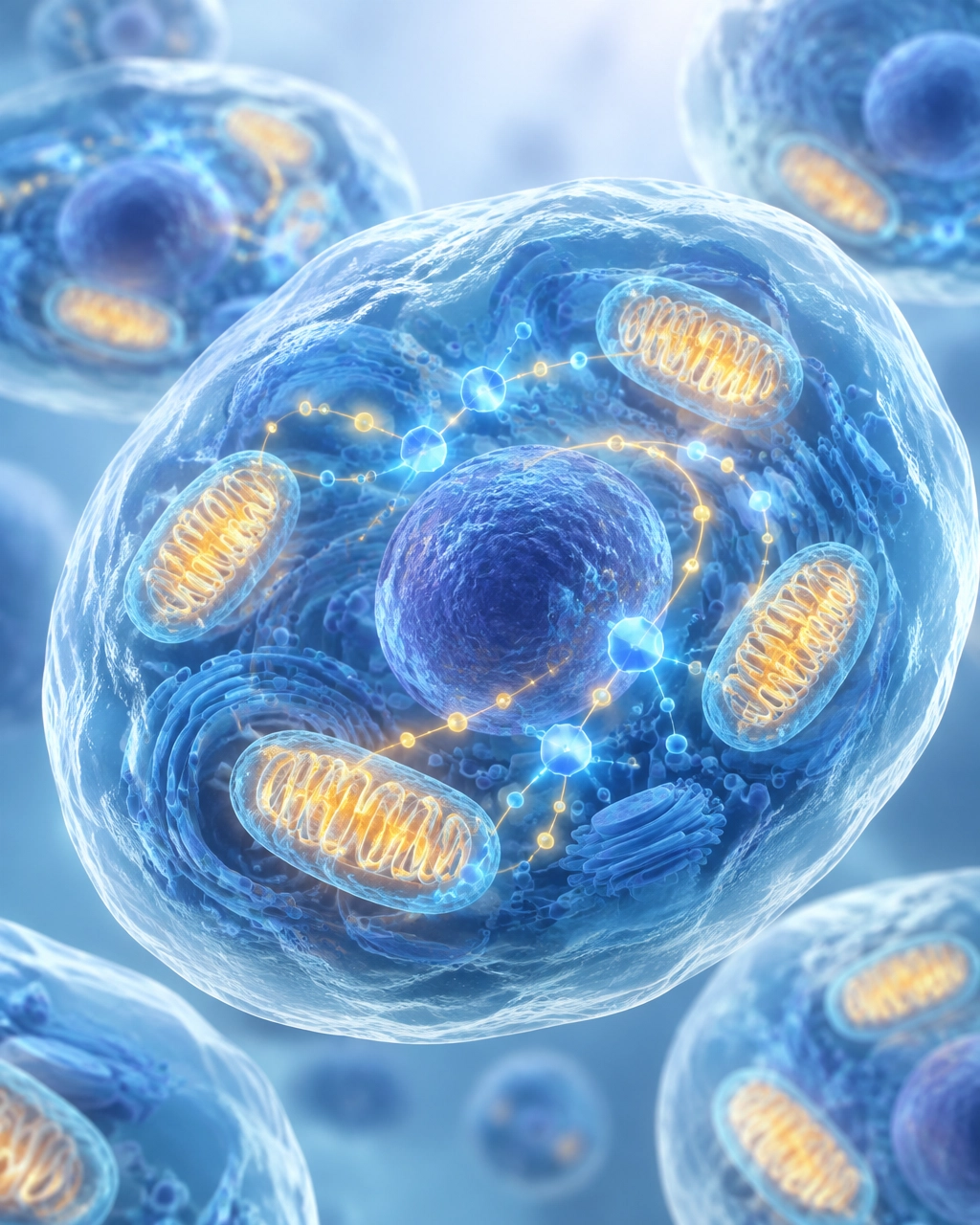 Conceptual medical illustration of cells, mitochondria, and cellular energy pathways